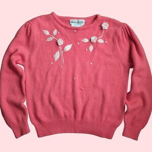Vintage 80s Coral Pink 3D Ribbon Roses Sweater Soft Fuzzy Crew Neck Size M